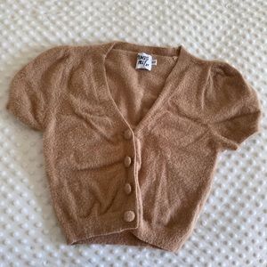 Tan Beige Fuzzy Short Sleeve Cardigan Sweater